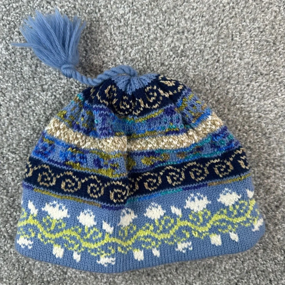 Turtle Fur Adult Blue Fair Isle Knit Beanie Fleece Lined Wool Blend Tassel Hat